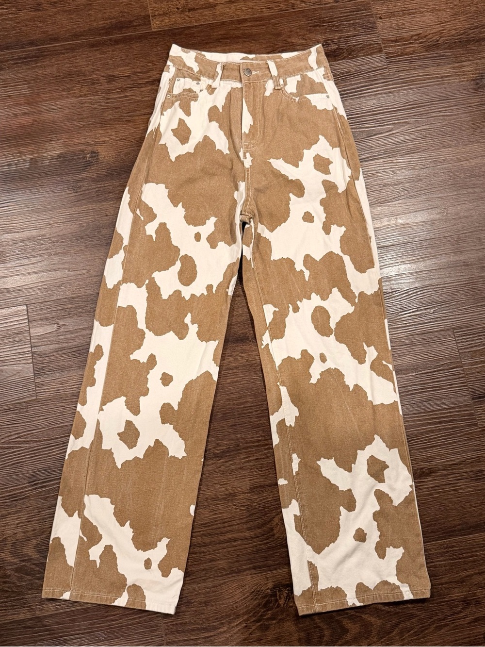 12th Tribe Brown & White Cow Print Straight Leg Pants